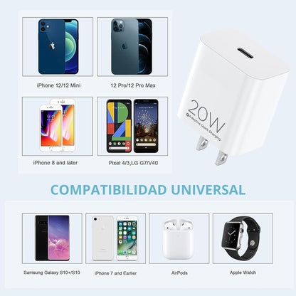 Cubo Cargador USB Type-C de 20 W con Adaptador PD y QC 3.0 USB-C Compatibilidad Universal