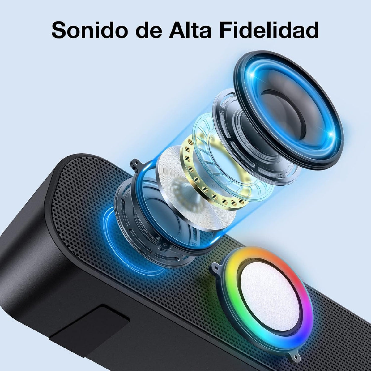 Bocina Bluetooth Barra de Sonido Soundbar para PC TV, RGB Altavoces Inalámbricos Bluetooth 5.1 con 2000mAh Batería, Soporte 3.5 mm AUX/TF/USB/Bluetooth para Interior, Hogar y Fiesta