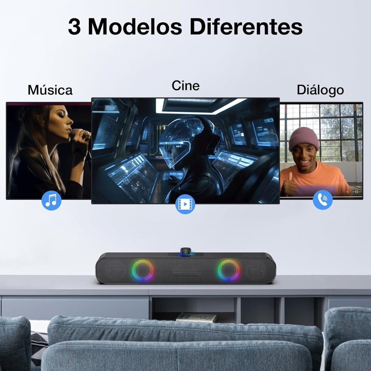 Bocina Bluetooth Barra de Sonido Soundbar para PC TV, RGB Altavoces Inalámbricos Bluetooth 5.1 con 2000mAh Batería, Soporte 3.5 mm AUX/TF/USB/Bluetooth para Interior, Hogar y Fiesta