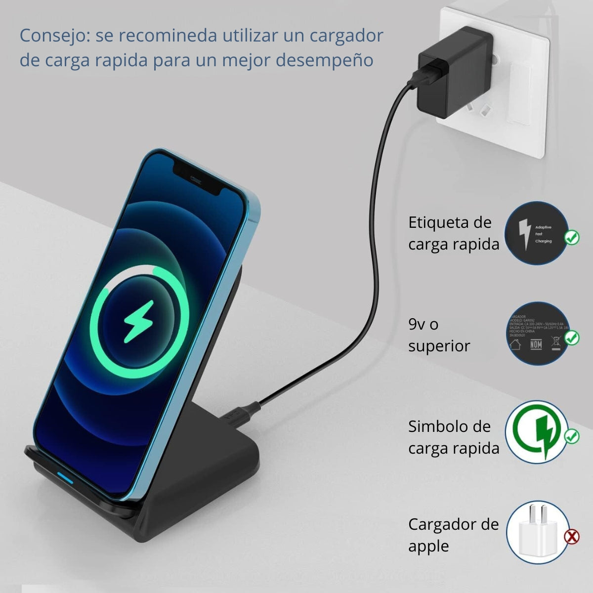 Cargador inalámbrico rápido de 10 W, soporte de carga inalámbrico compatible con iPhone 13 12 11 Pro XR XS 8 Plus Galaxy S20 S10 Note 20 10 Google LG y otros teléfonos habilitados para Qi