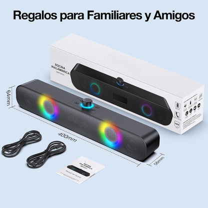 Bocina Bluetooth Barra de Sonido Soundbar para PC TV, RGB Altavoces Inalámbricos Bluetooth 5.1 con 2000mAh Batería, Soporte 3.5 mm AUX/TF/USB/Bluetooth para Interior, Hogar y Fiesta