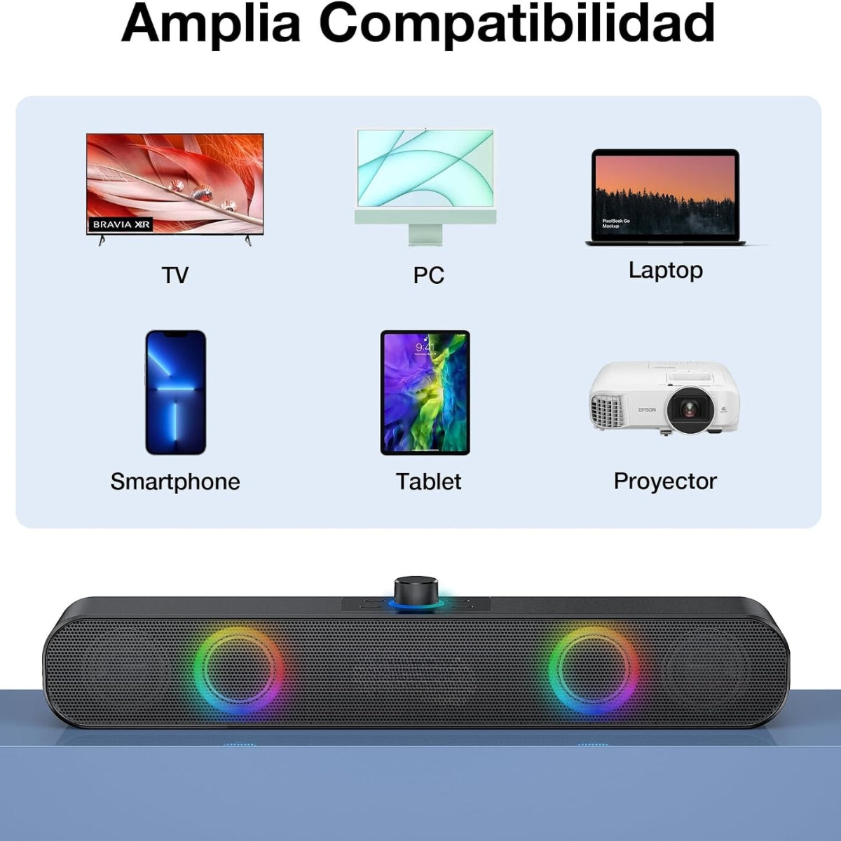 Bocina Bluetooth Barra de Sonido Soundbar para PC TV, RGB Altavoces Inalámbricos Bluetooth 5.1 con 2000mAh Batería, Soporte 3.5 mm AUX/TF/USB/Bluetooth para Interior, Hogar y Fiesta