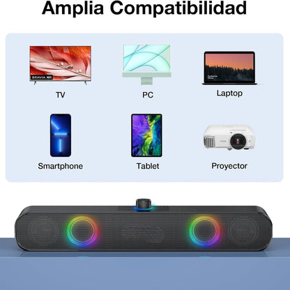 Bocina Bluetooth Barra de Sonido Soundbar para PC TV, RGB Altavoces Inalámbricos Bluetooth 5.1 con 2000mAh Batería, Soporte 3.5 mm AUX/TF/USB/Bluetooth para Interior, Hogar y Fiesta