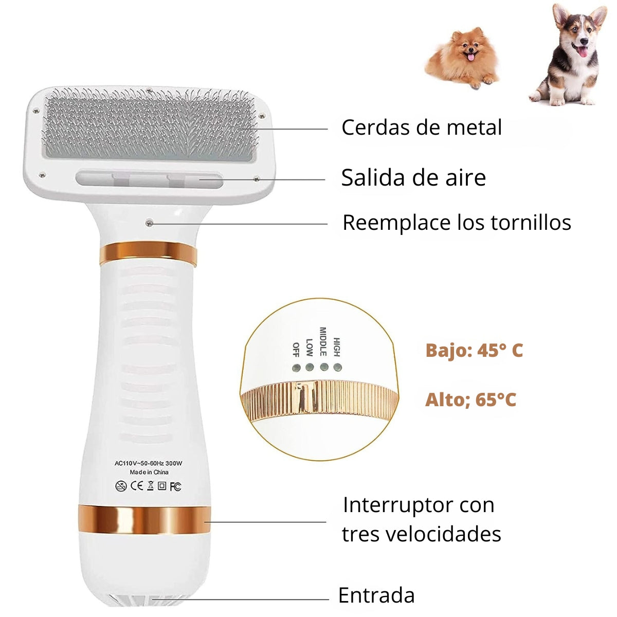 Cepillo y secador de pelo para mascotas diseño deslizante con 3 niveles de calor