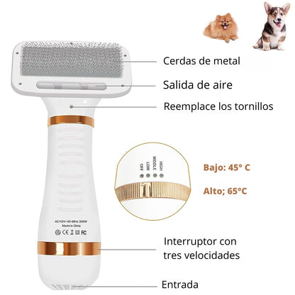 Cepillo y secador de pelo para mascotas diseño deslizante con 3 niveles de calor