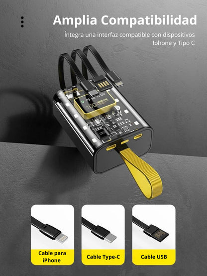 Mini Power Bank con acabado transparente, diseño portátil de 10000mAh con Cable incorporado, carga rápida compatible con Ip, Huawei, Xiamomi, etc.