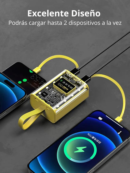 Mini Power Bank con acabado transparente, diseño portátil de 10000mAh con Cable incorporado, carga rápida compatible con Ip, Huawei, Xiamomi, etc.