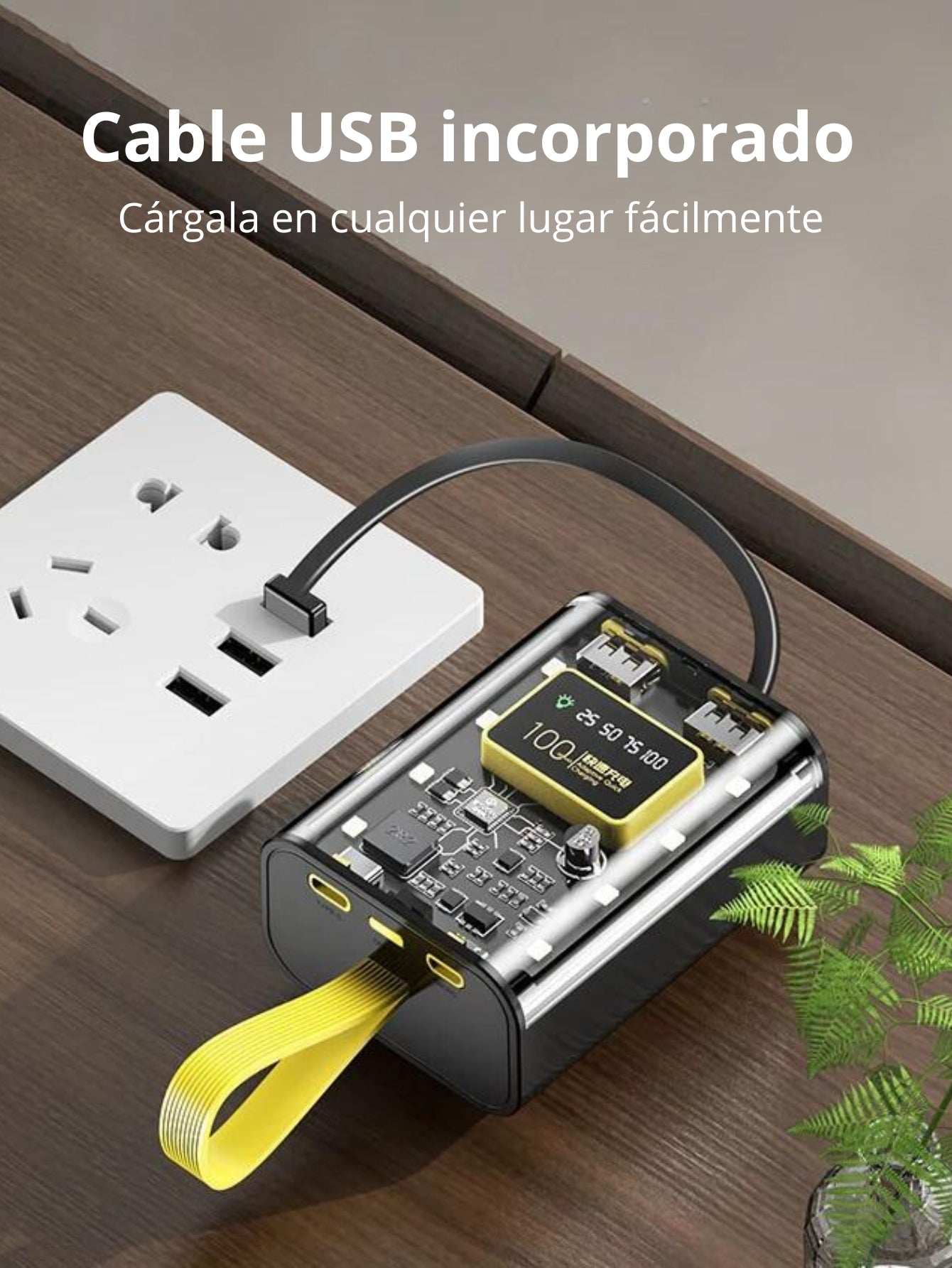 Mini Power Bank con acabado transparente, diseño portátil de 10000mAh con Cable incorporado, carga rápida compatible con Ip, Huawei, Xiamomi, etc.