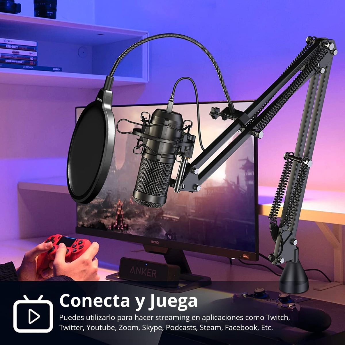 Micrófono condensador USB, 192 kHz/24 bits profesional PC Streaming Podcast