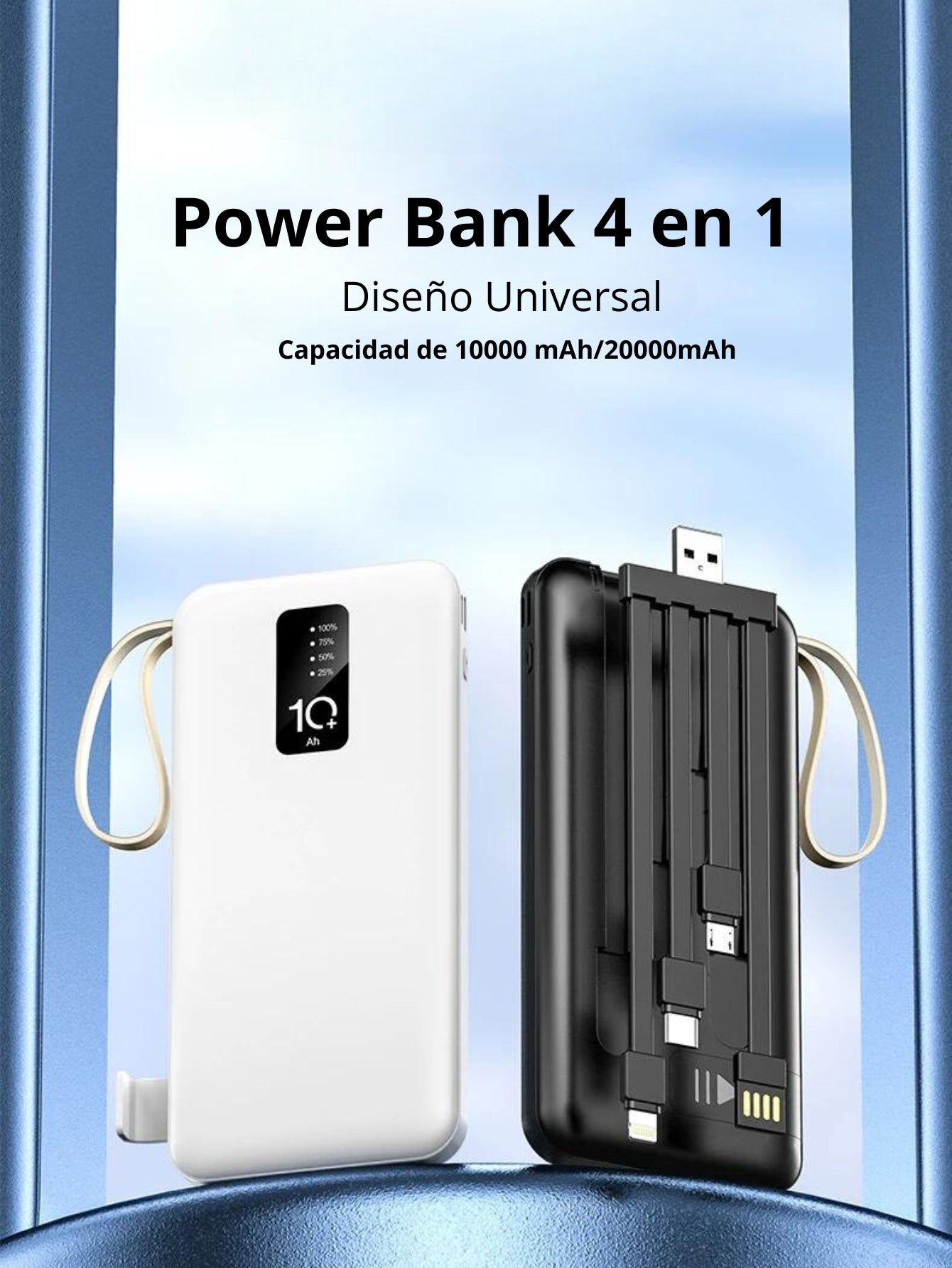 Power Bank Batería Portátil Carga Rápida 10000mah Diseño 4 en 1, Con Cuerda de Seguridad, Compatible con iP, Xiaomi, Huawei, Android