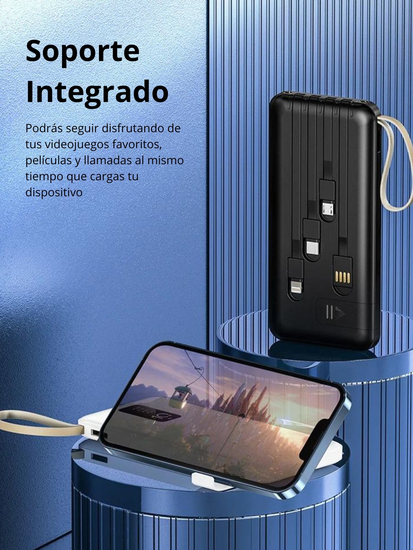 Power Bank Batería Portátil Carga Rápida 10000mah Diseño 4 en 1, Con Cuerda de Seguridad, Compatible con iP, Xiaomi, Huawei, Android