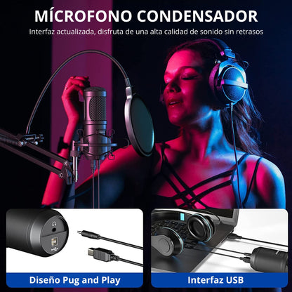 Micrófono condensador USB, 192 kHz/24 bits profesional PC Streaming Podcast