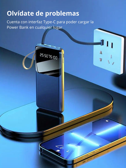 Power Bank Portátil Con Pantalla LED KT-0412 Indicadora de Carga, 10000mAh, 4 Cables Integrados, Carga Rápida  Compatible con iP, Xiaomi, Huawei, Android