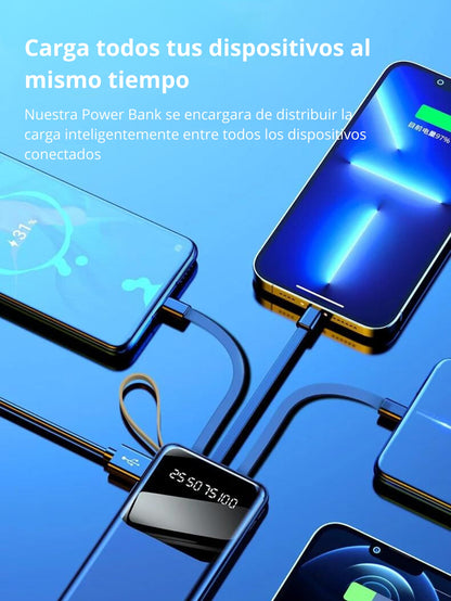 Power Bank Portátil Con Pantalla LED KT-0412 Indicadora de Carga, 10000mAh, 4 Cables Integrados, Carga Rápida  Compatible con iP, Xiaomi, Huawei, Android