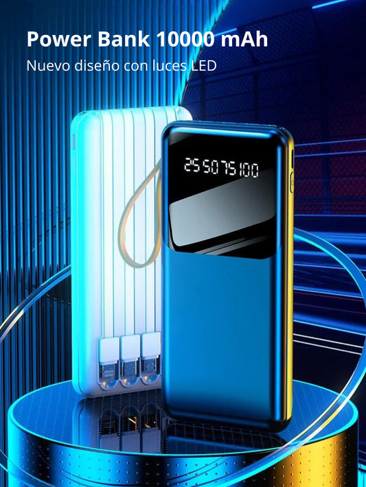 Power Bank Portátil Con Pantalla LED KT-0412 Indicadora de Carga, 10000mAh, 4 Cables Integrados, Carga Rápida  Compatible con iP, Xiaomi, Huawei, Android