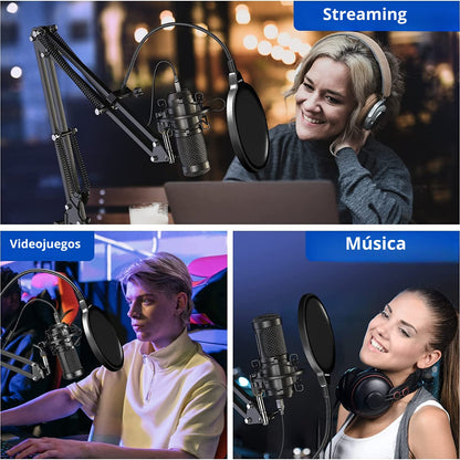 Micrófono condensador USB, 192 kHz/24 bits profesional PC Streaming Podcast