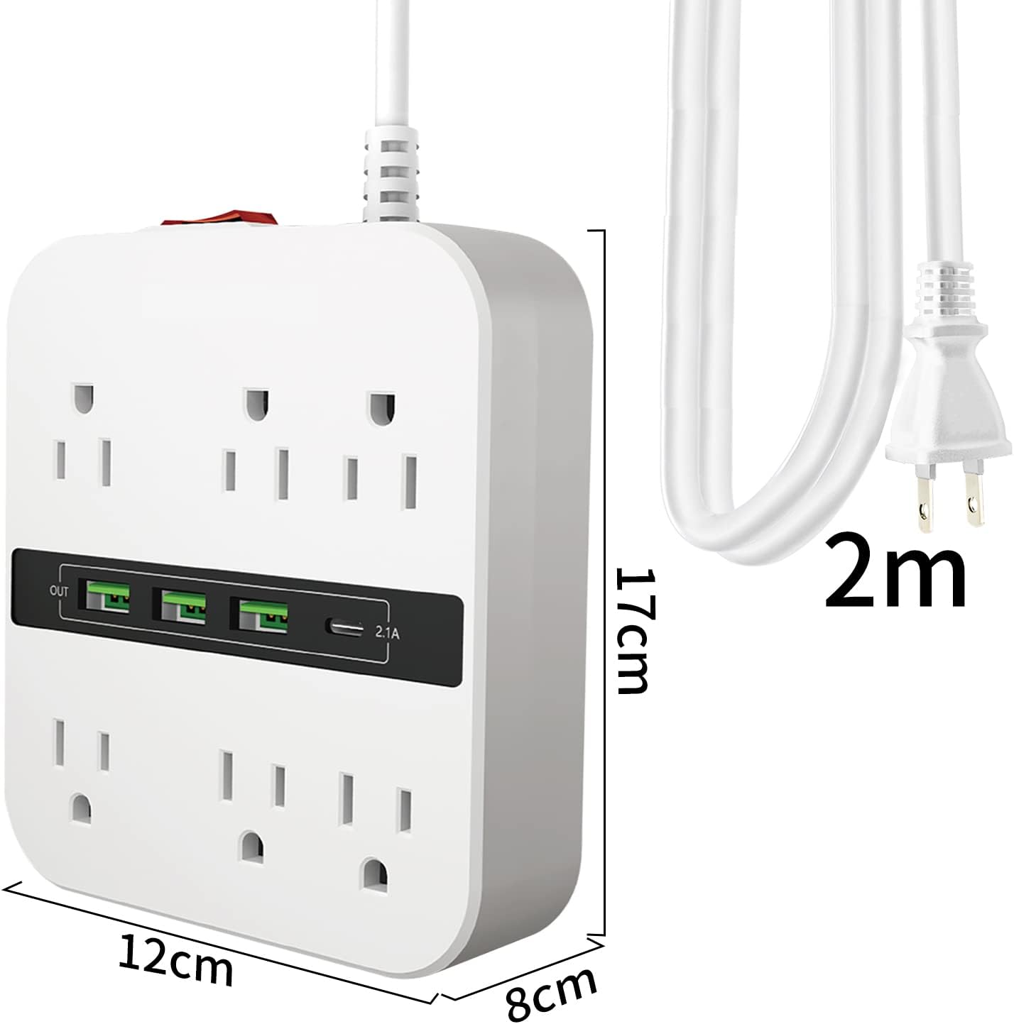 Multicontacto de Usb con 2m Regleta de Enchofes con Tipo C,6 Salidas Anchas con 3 Puertos de Carga Usb y 1 Tipo C, Enchufe Plano,para Hogares, Oficinas,Dormitorios y los Elementos Esenciales