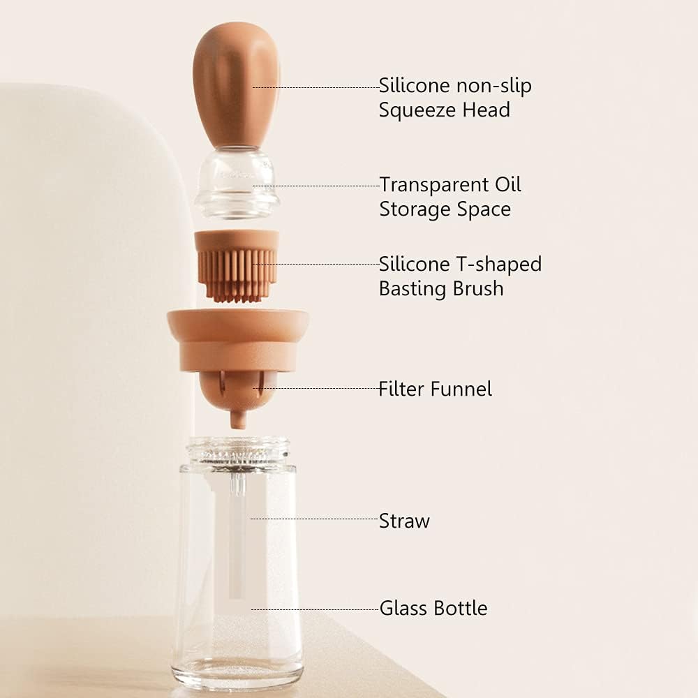 Dispensador de aceite de oliva de vidrio para cocina, botella dispensadora de aceite 2 en 1 con cepillo para polvo de silicona para cocinar