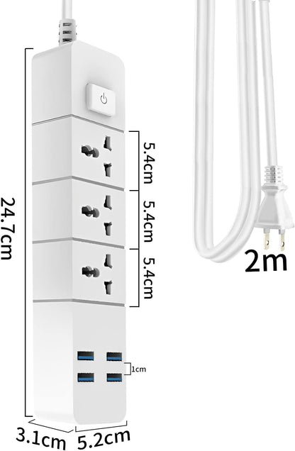 Multicontacto con 2 m, Protector contra sobretensiones con 3 Salidas de CA y 4 Puertos USB, Cable de extensión de 2 m para el hogar, la Oficina, el Dormitorio