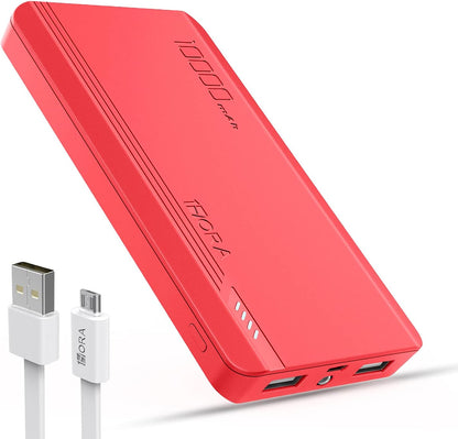 Power Bank 10000 mAh Ultra Slim de Bateria Portatil Lámpara incorporada Carga Rápida USB con Cable Micro USB 20CM, Lámpara incorporada Powerbank Compatible para IP, Samsung, Xiaomi, Rojo