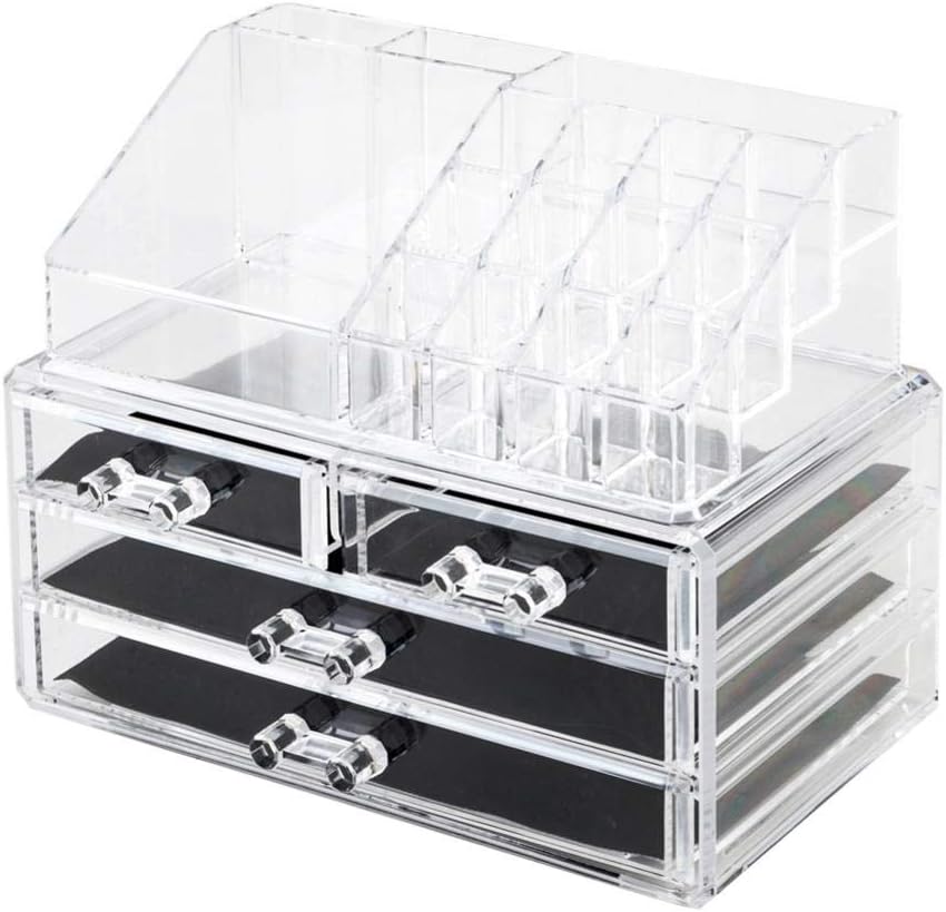 Organizador de maquillaje y joyería de cosméticos, acrílico transparente, 20 secciones, soporte de tocador, apilable o con cajones de pie incluidos.