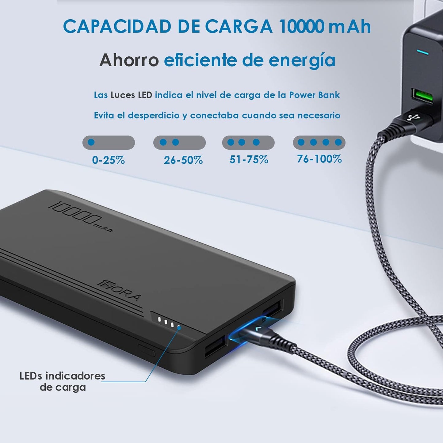 Power Bank 10000 mAh Ultra Slim de Bateria Portatil Lámpara incorporada Carga Rápida USB con Cable Micro USB 20CM, Lámpara incorporada Powerbank Compatible para IP, Samsung, Xiaomi, Rojo