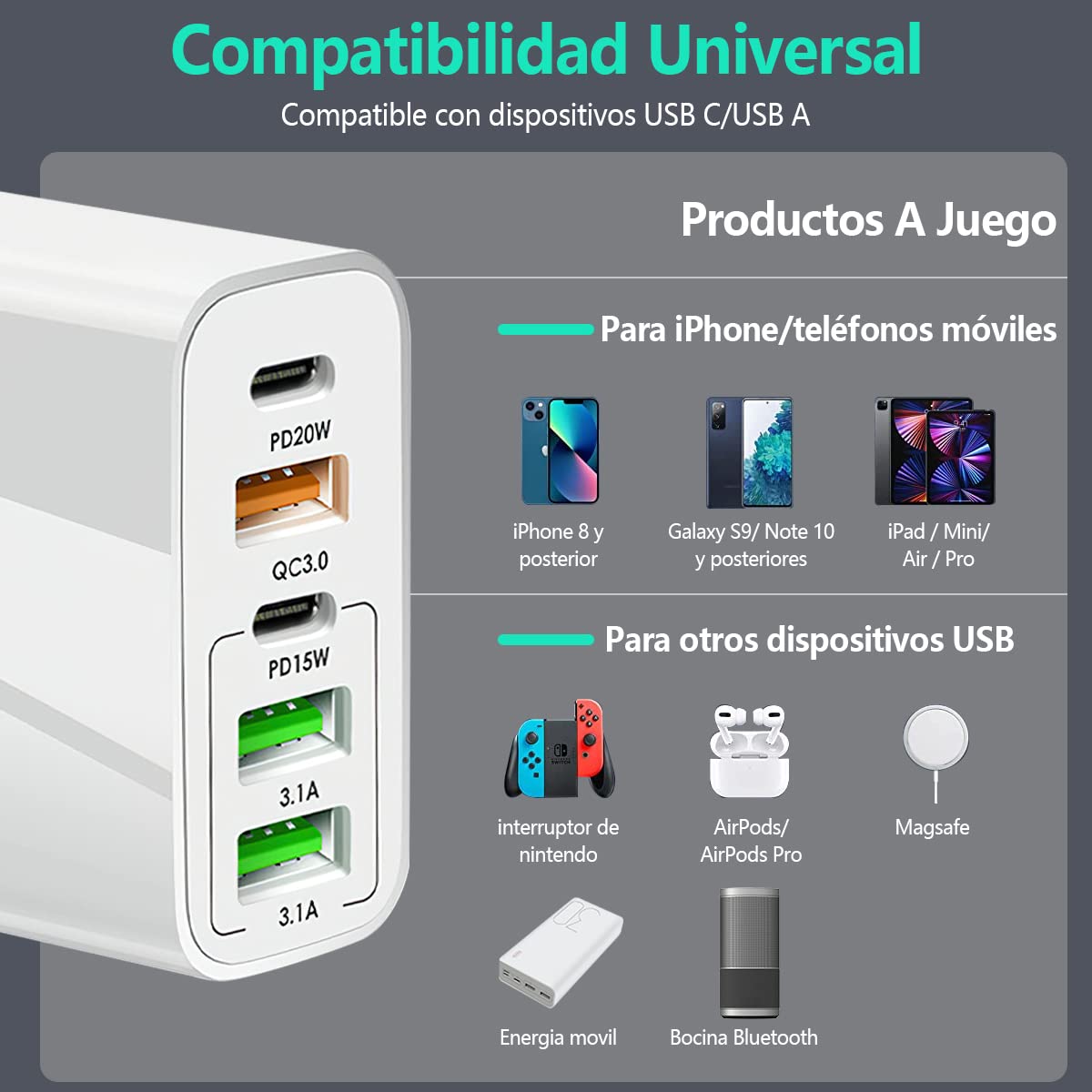 Cubo Cargador con 5 puertos PD tipo C + QC3.0 USB + 3.1A USB de carga rápida 65W adaptador de teléfono compatible con Huawei Samsung iPad Xiaomi iP