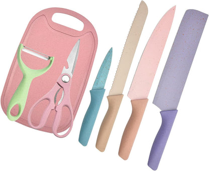 Juego De 7 Cuchillos De Paja De Trigo, Juego De Cuchillos De Cocina, Cuchillo De Chef, Cuchillo Para Pan, Cuchillo Para Pelar, Tijeras, Kit De Cortador Pelador Con Tabla De Cortar