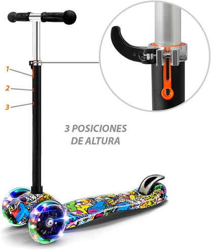 Scooter para Niños Niñas 3-8 Años Patinete de 3 Ruedas con Luces LED, Patines del Diablo Ajustables Escúter Plegable Scooter de Aire Libre, Patinete Infantil Juguete Regalo de Navidad