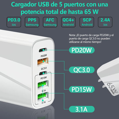 Cubo Cargador con 5 puertos PD tipo C + QC3.0 USB + 3.1A USB de carga rápida 65W adaptador de teléfono compatible con Huawei Samsung iPad Xiaomi iP