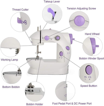 Mini máquina de coser portátil, máquina de coser eléctrica, kit de costura para manualidades con doble velocidad de doble hilo