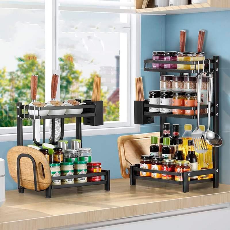 Rack De acero, organizador para acomodar especias y accesorios de cocina con pintura a prueba de altas temperaturas, Estante para Cubiertos y ganchos para otros utensilios (Tres niveles)