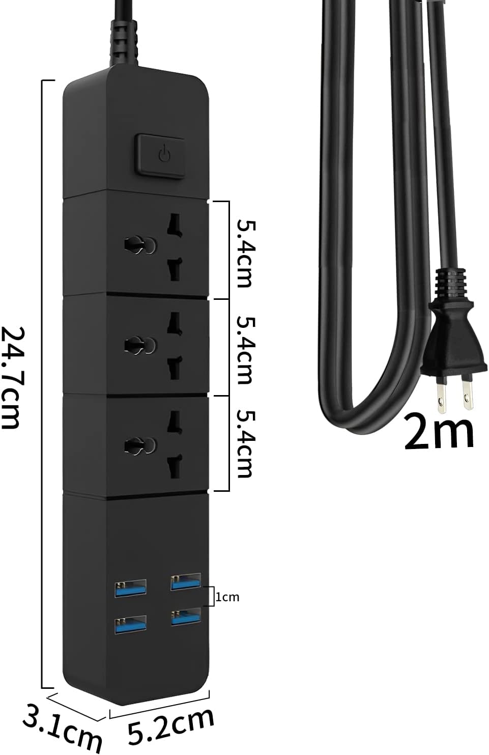 Multicontacto con 2 m, Protector contra sobretensiones con 3 Salidas de CA y 4 Puertos USB, Cable de extensión de 2 m para el hogar, la Oficina, el Dormitorio