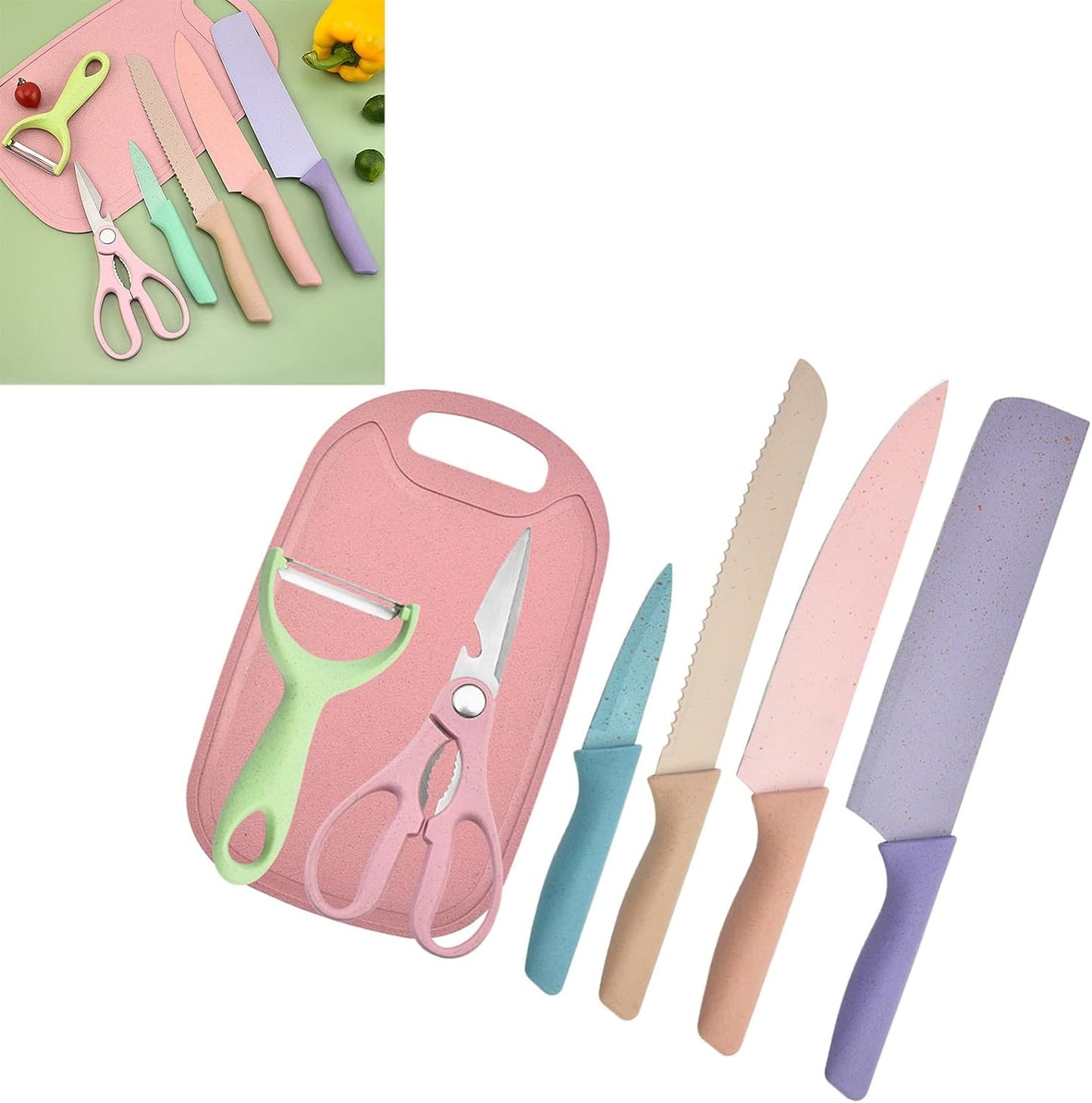 Juego De 7 Cuchillos De Paja De Trigo, Juego De Cuchillos De Cocina, Cuchillo De Chef, Cuchillo Para Pan, Cuchillo Para Pelar, Tijeras, Kit De Cortador Pelador Con Tabla De Cortar