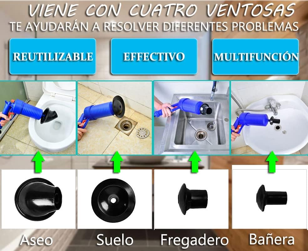 Destapador de Inodoros de Alta Presión Desatascador de desagüe Émbolo de Desagüe, con 4 ventosas especializadas， para Fregadero, Cuarto de baño, WC, Cocina.