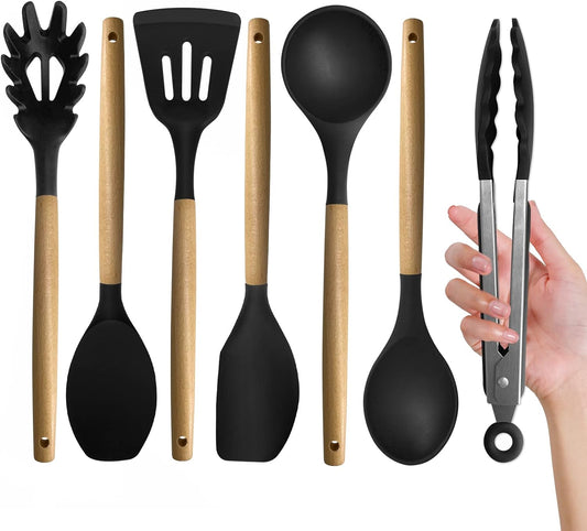 Juego de utensilios de cocina de silicona, 7 piezas de utensilios de silicona con asas de madera de acacia, incluyendo servidor de pasta, pinza de 9 pulgadas, espátula para hornear y ensalada, para barbacoa, campamento, cocina al aire libre (negro)