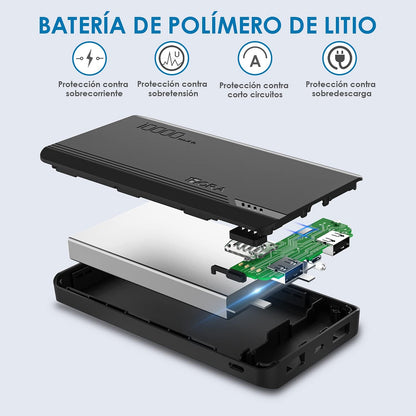 Power Bank 10000 mAh Ultra Slim de Bateria Portatil Lámpara incorporada Carga Rápida USB con Cable Micro USB 20CM, Lámpara incorporada Powerbank Compatible para IP, Samsung, Xiaomi, Rojo