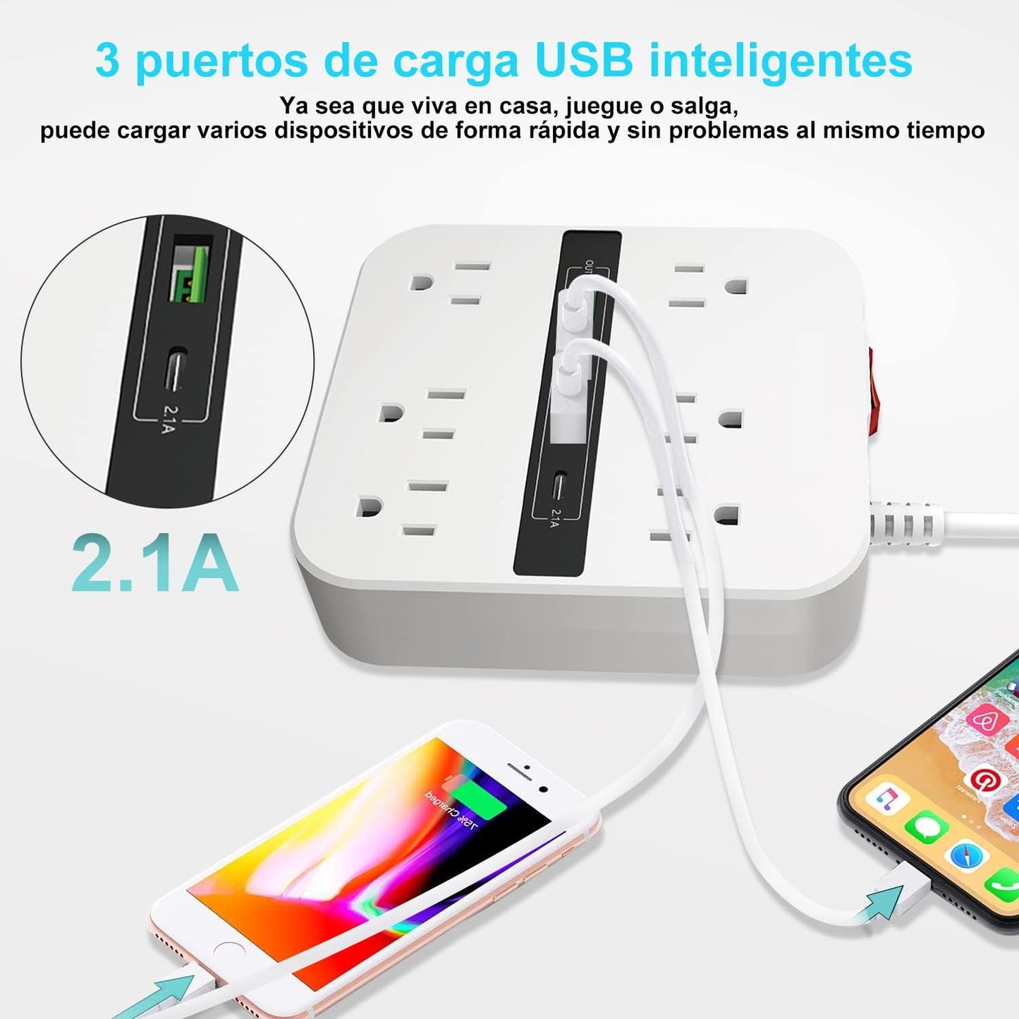 Multicontacto de Usb con 2m Regleta de Enchofes con Tipo C,6 Salidas Anchas con 3 Puertos de Carga Usb y 1 Tipo C, Enchufe Plano,para Hogares, Oficinas,Dormitorios y los Elementos Esenciales