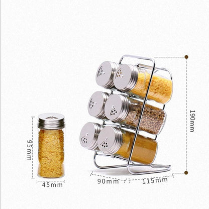 Organizador de especias de acero inoxidable con 6 tarros de vidrio, contenedor de condimentos con tapa de agujeros ajustables, sin plástico, apto para lavaplatos