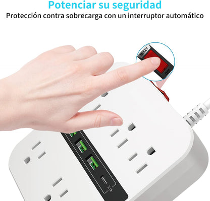 Multicontacto de Usb con 2m Regleta de Enchofes con Tipo C,6 Salidas Anchas con 3 Puertos de Carga Usb y 1 Tipo C, Enchufe Plano,para Hogares, Oficinas,Dormitorios y los Elementos Esenciales