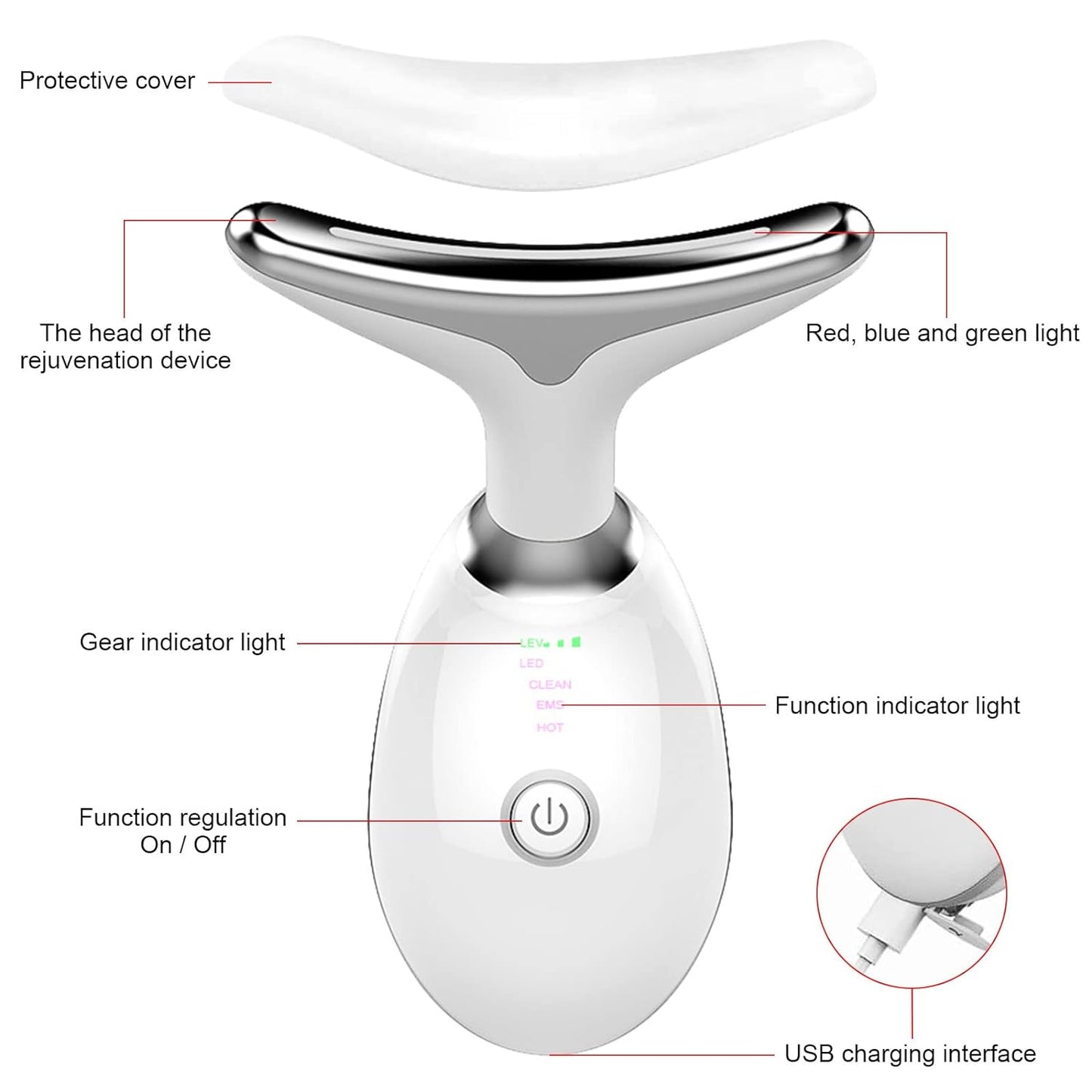 Dispositivo de eliminación de arrugas reafirmante para la cara del cuello, masajeador de vibración, masajeador facial portátil 3 en 1 para levantar la piel flácida, cuidado de la piel, firme, apriete, suave. Herramienta de escultura facial blanca