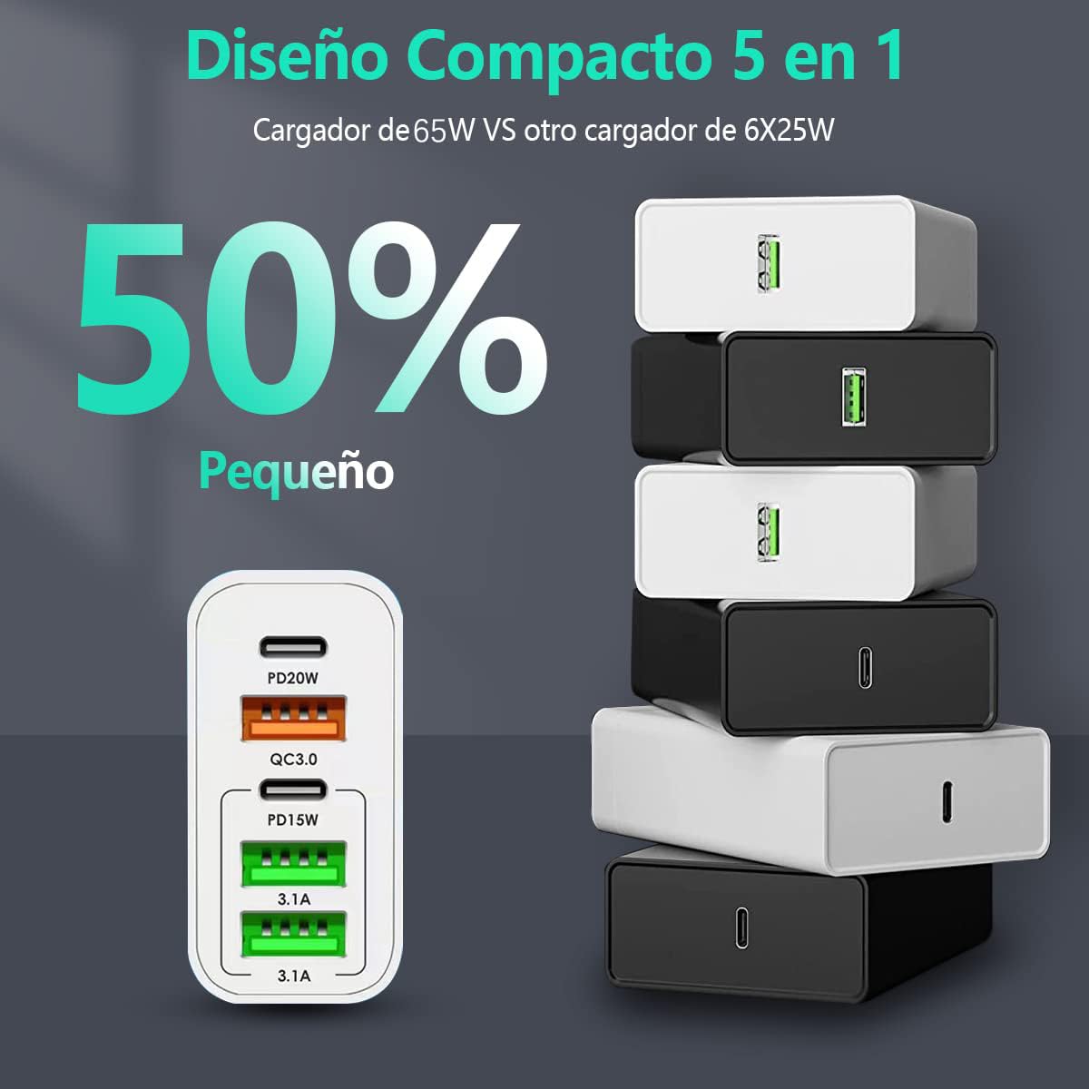 Cubo Cargador con 5 puertos PD tipo C + QC3.0 USB + 3.1A USB de carga rápida 65W adaptador de teléfono compatible con Huawei Samsung iPad Xiaomi iP