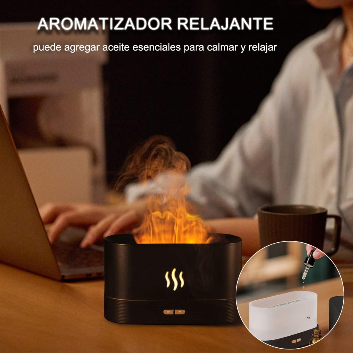 Difusor de aceites esenciales de aromaterapia con luz nocturna de llama de simulación, 180 ml, mini humidificador para el hogar, habitación pequeña, oficina, viajes, súper silencioso, sin agua, protección de apagado automático