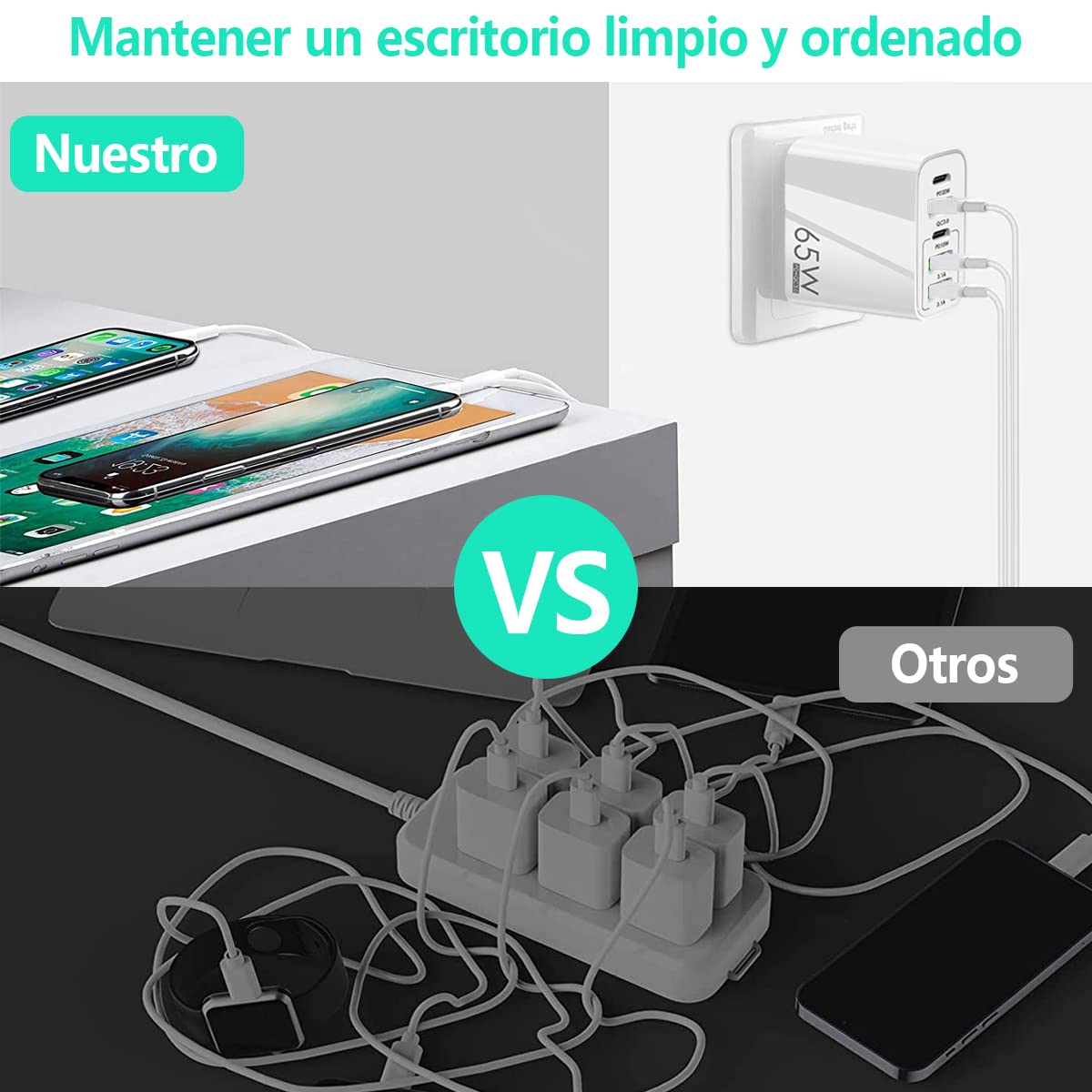 Cubo Cargador con 5 puertos PD tipo C + QC3.0 USB + 3.1A USB de carga rápida 65W adaptador de teléfono compatible con Huawei Samsung iPad Xiaomi iP