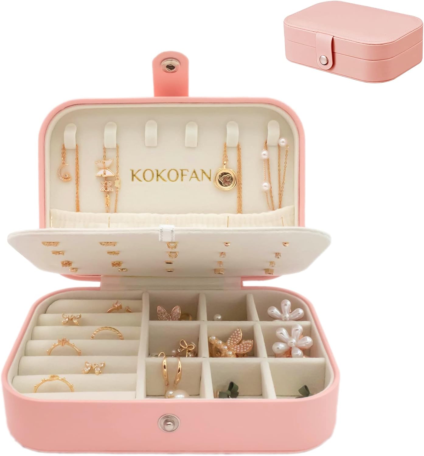 Caja de almacenamiento para joyas de viaje para mujeres y niñas, almacenamiento de 2 niveles para anillos, pendientes, collares, pulseras, todo en uno, pequeña caja de joyería portátil (rosa)