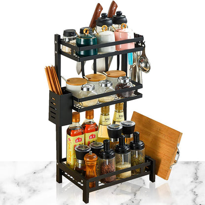 Rack De acero, organizador para acomodar especias y accesorios de cocina con pintura a prueba de altas temperaturas, Estante para Cubiertos y ganchos para otros utensilios (Tres niveles)