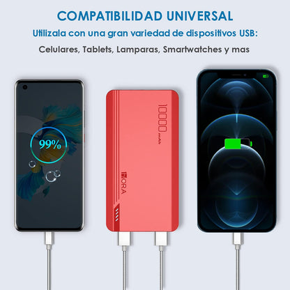 Power Bank 10000 mAh Ultra Slim de Bateria Portatil Lámpara incorporada Carga Rápida USB con Cable Micro USB 20CM, Lámpara incorporada Powerbank Compatible para IP, Samsung, Xiaomi, Rojo