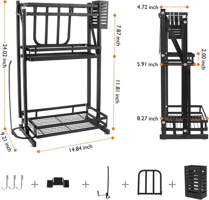 Rack De acero, organizador para acomodar especias y accesorios de cocina con pintura a prueba de altas temperaturas, Estante para Cubiertos y ganchos para otros utensilios (Tres niveles)