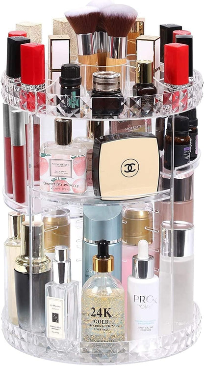 Organizador de maquillaje giratorio, soporte de maquillaje giratorio de 360°, 8 capas transparentes ajustables para almacenamiento de cosméticos, carrusel de maquillaje para cambiador y baño