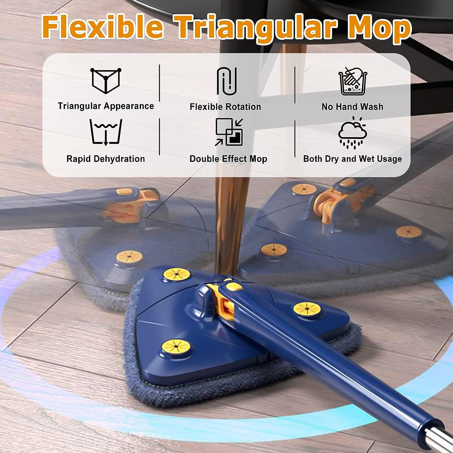 Fregona de limpieza ajustable giratoria de 360° con 4 almohadillas para orejas de repuesto, fregona triangular de microfibra con mango largo y cepillo para polvo de microfibra telescópico fácil de apretar para techo de piso (azul)